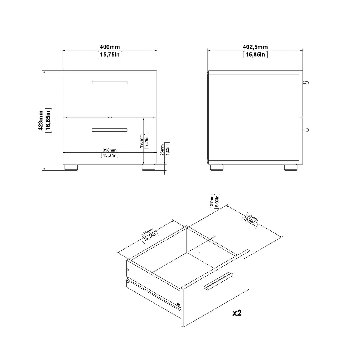 Pepe Bedside 2 Drawers In Truffle Oak dimensions