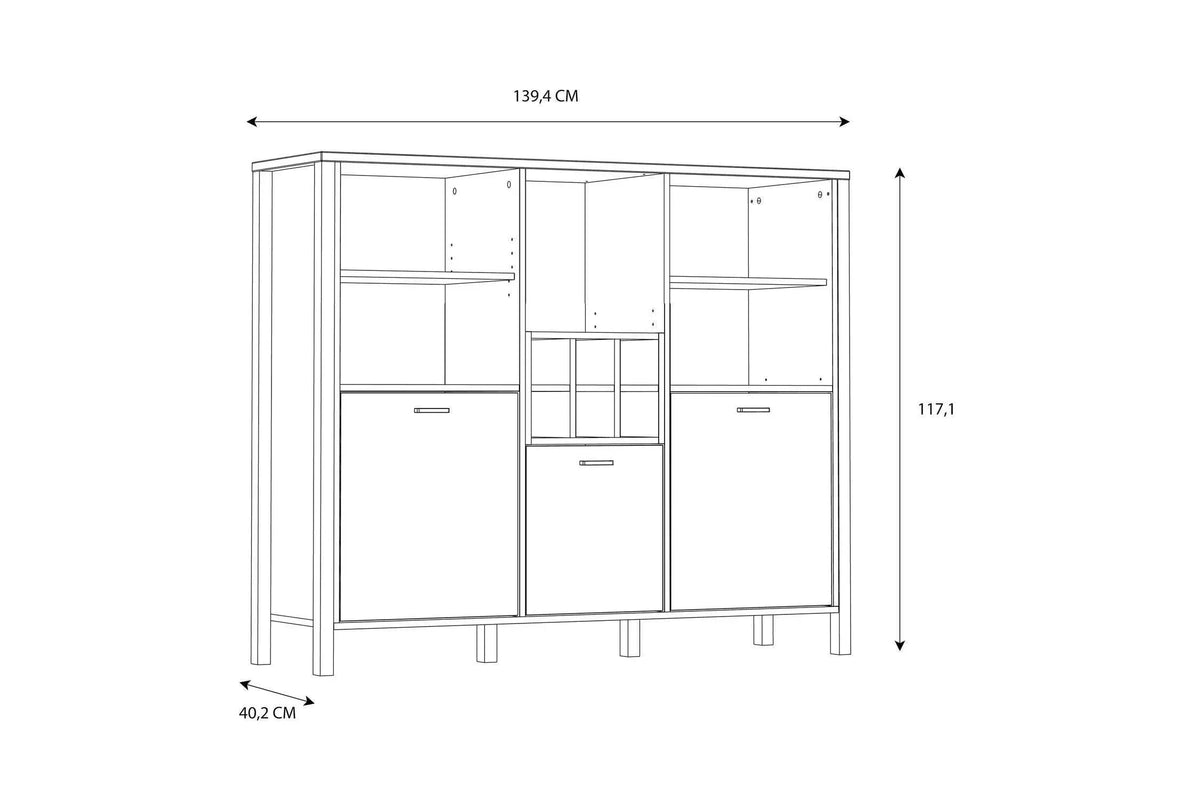 High Rock Wide Shelf Unit in Matt Black/Riviera Oak With 3 Drawers dimensions