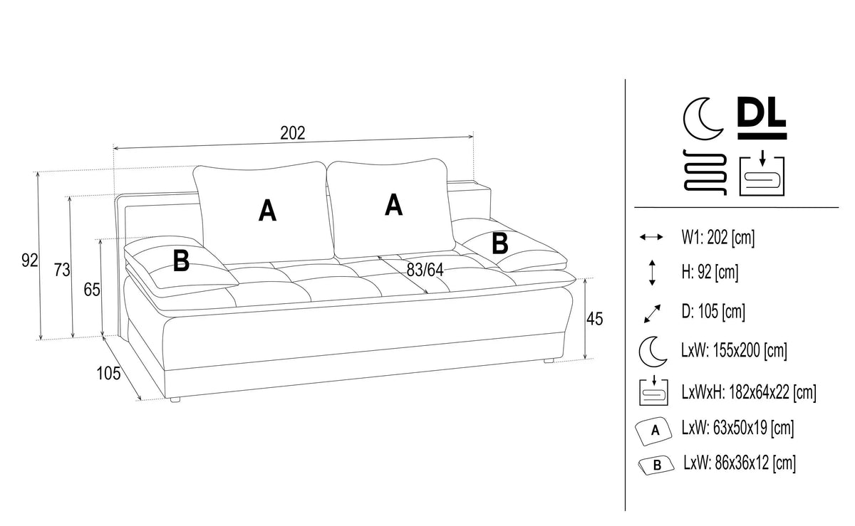 Alice 2 Seater Sofa Bed dimensions