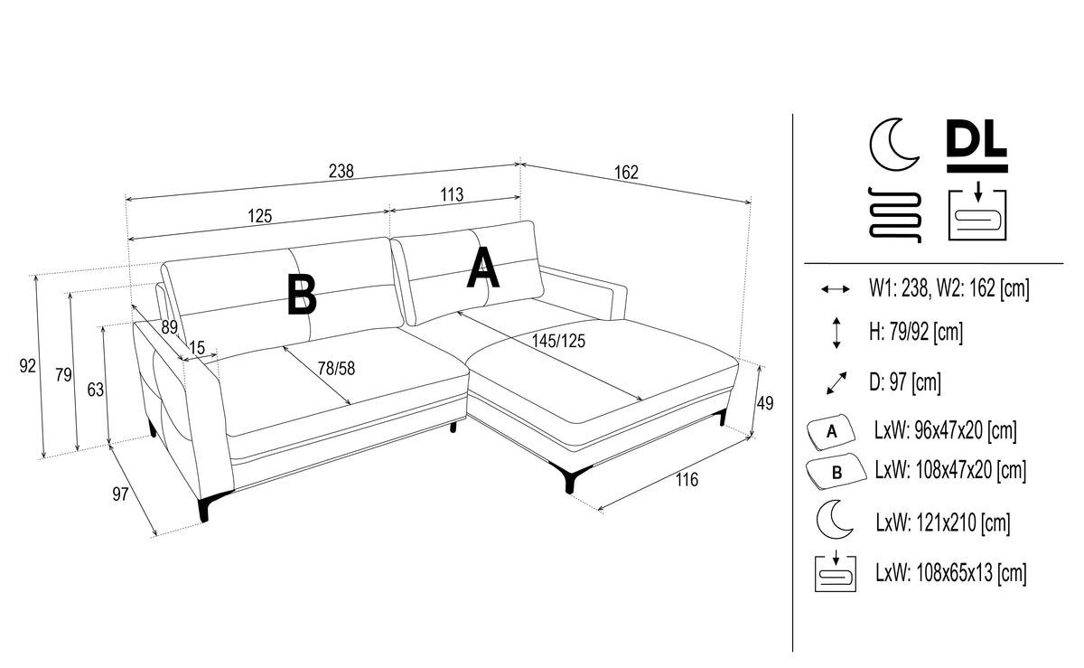 Bergio Corner Sofa Bed With Storage dimensions