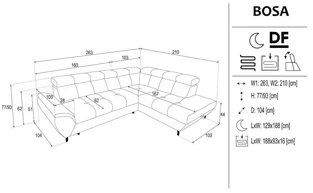 Bosa Corner Sofa Bed With Storage dimensions
