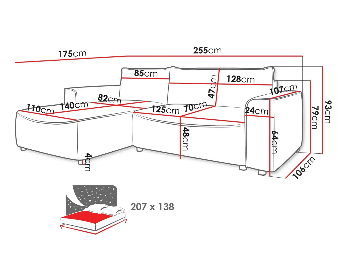 Beliza Corner Sofa Bed With Storage dimensions