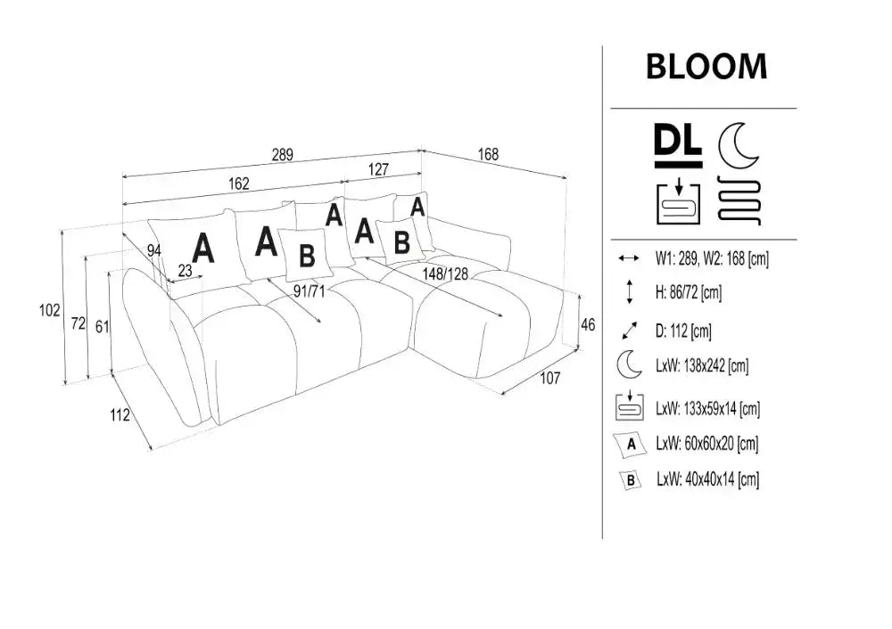 Bloom Corner Sofa Bed With Storage dimensions