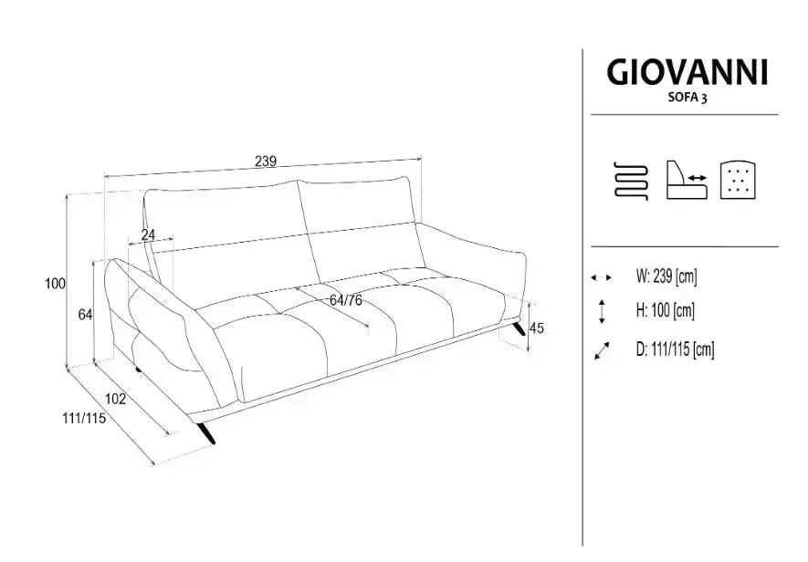 Giovanni 3 Seater Sofa dimensions