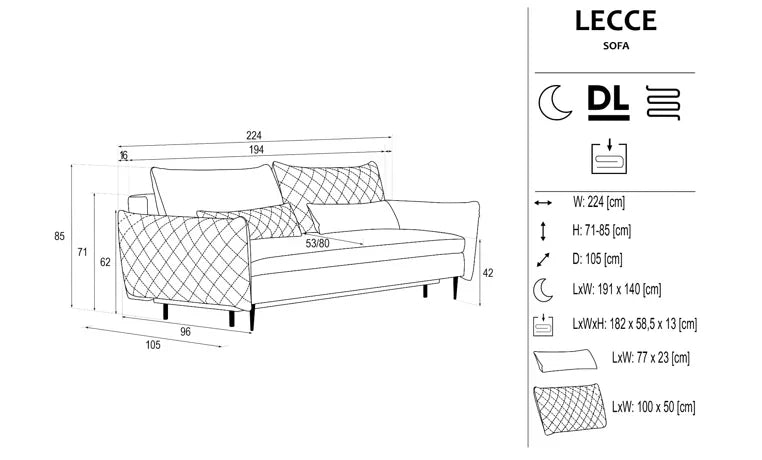 Lecce 3 Seater Sofa Bed dimensions