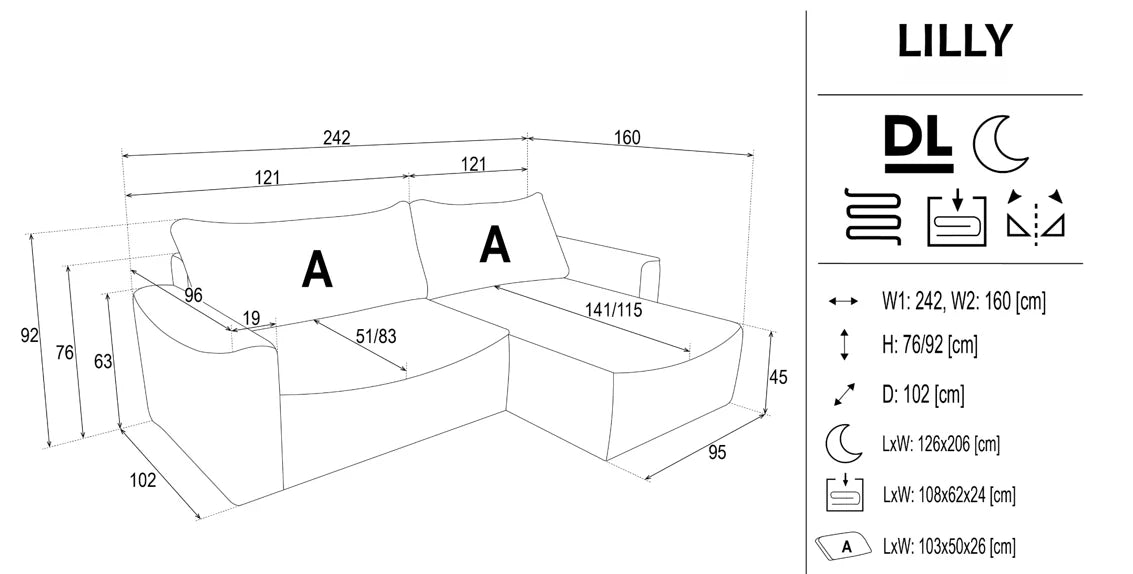 Lilly Corner Sofa Bed With Storage dimensions