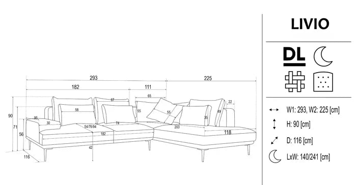 Livio Corner Sofa Bed dimensions