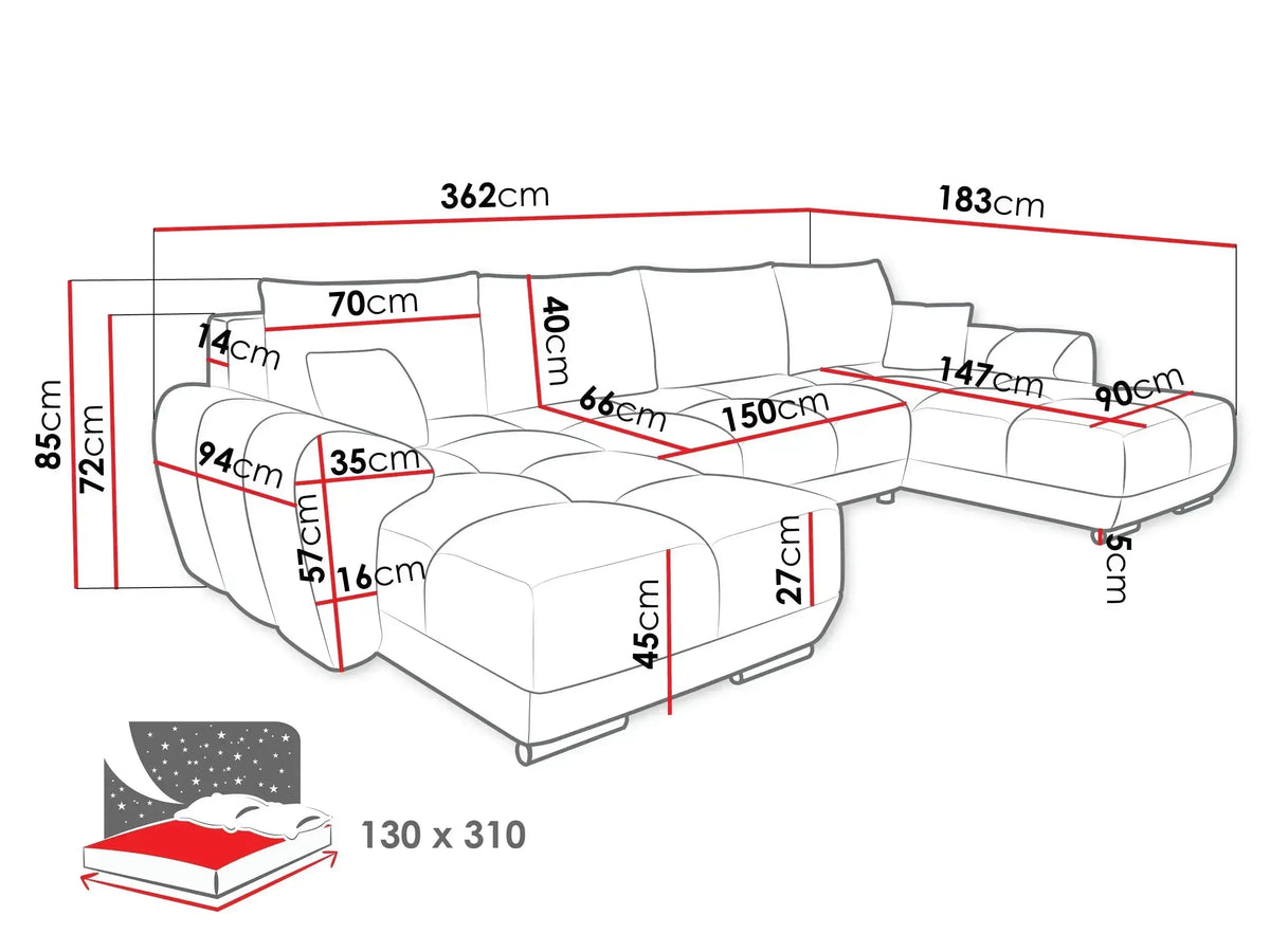 Bristol U-Shape Corner Sofa Bed With Storage dimensions