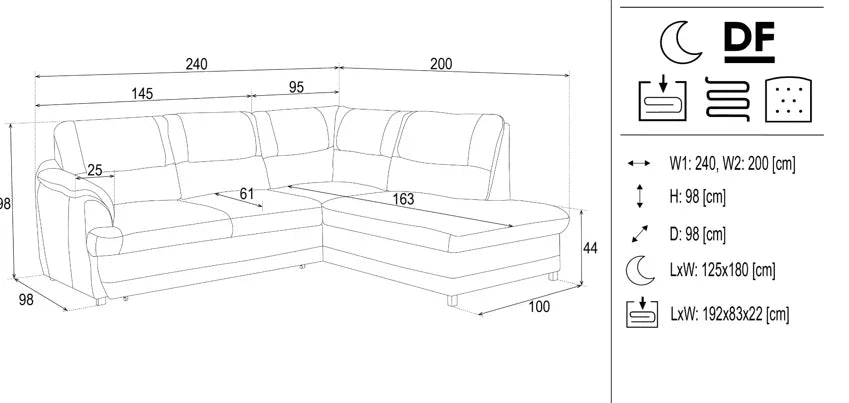Lucca Corner Sofa Bed With Storage dimensions
