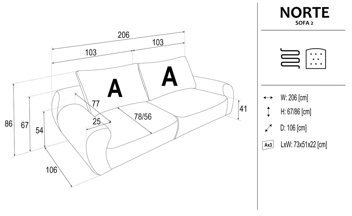 Norte 2 Seater Sofa dimensions