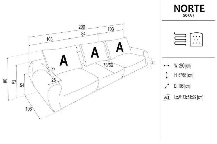 Norte 3 Seater Sofa dimensions
