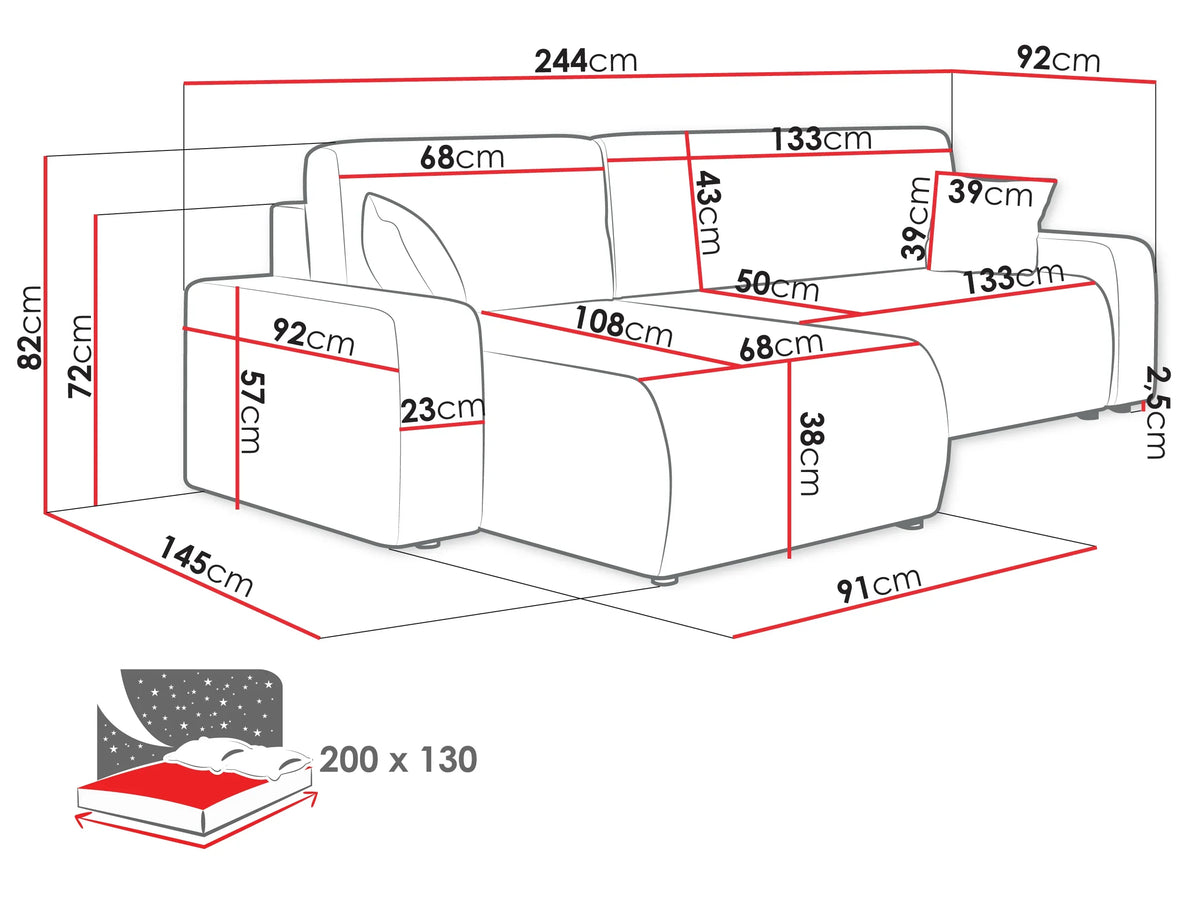 Oxford L Corner Sofa Bed With Storage dimensions