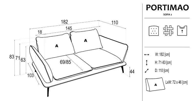 Portimao 2 Seater Sofa dimensions