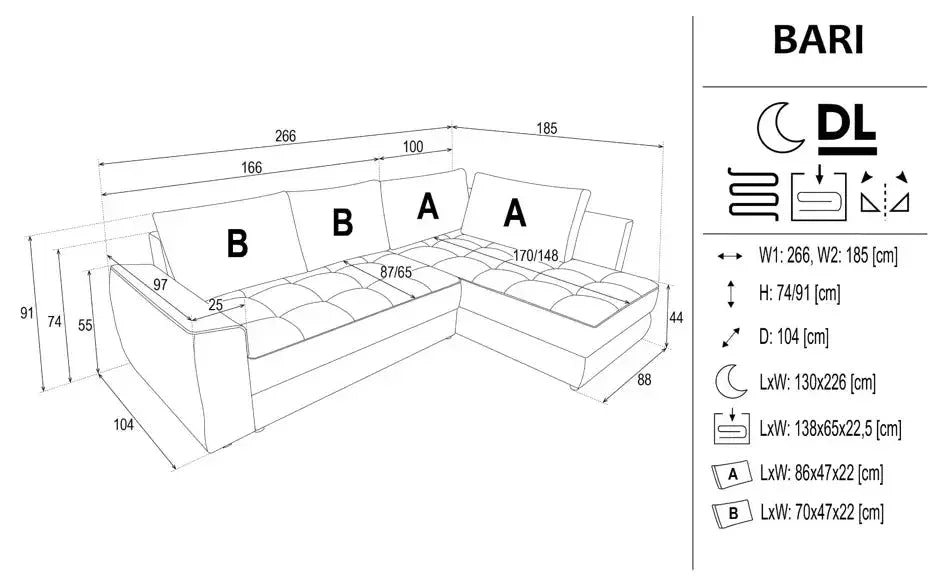 Bari Corner Sofa Bed With Storage dimensions