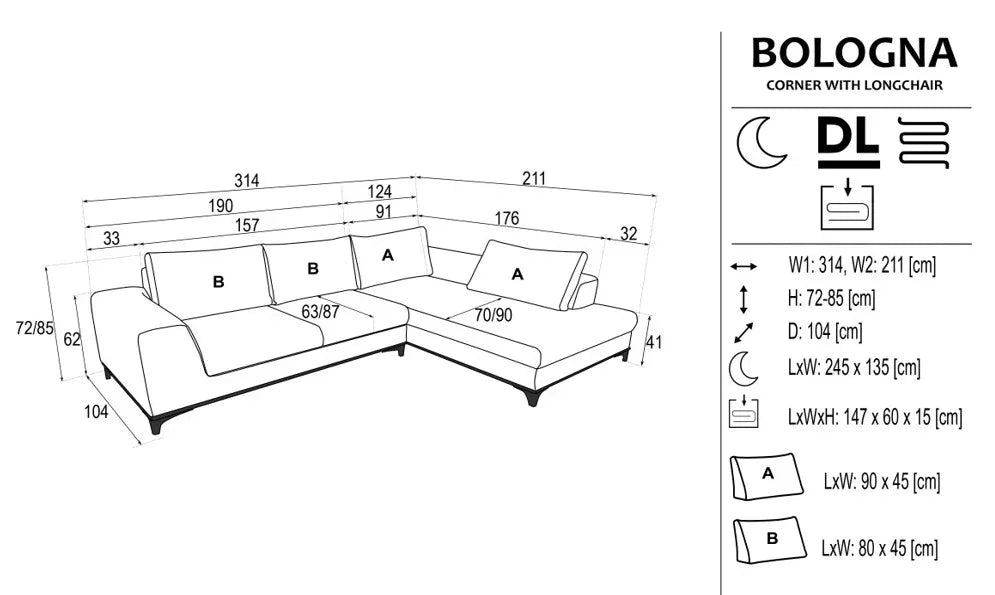 Bologna Corner Sofa Bed With Storage dimensions