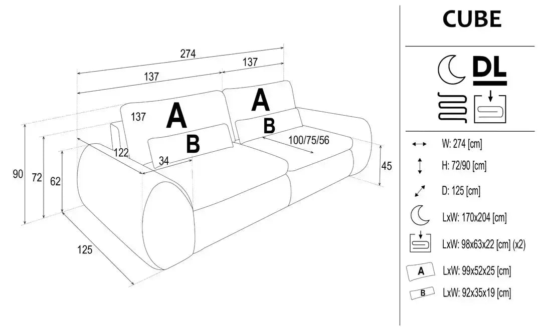 Cube 3 Seater Sofa Bed With Storage dimensions