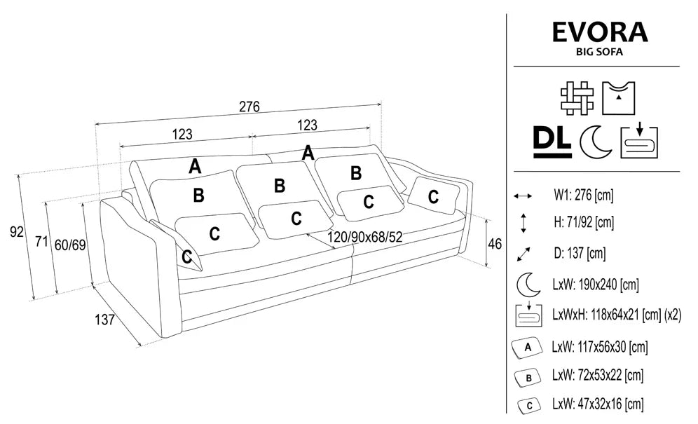Evora 3 Seater Sofa Bed With Storage dimensions