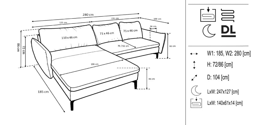 Fira Corner Sofa Bed With Storage dimensions