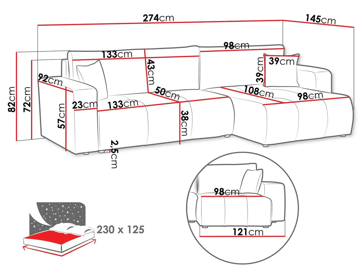 Chelsea Maxi Corner Sofa Bed With Storage dimensions