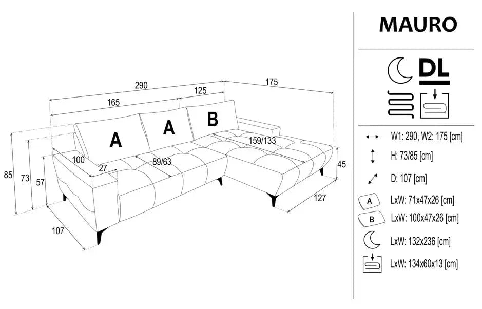 Mauro Corner Sofa Bed With Storage dimensions