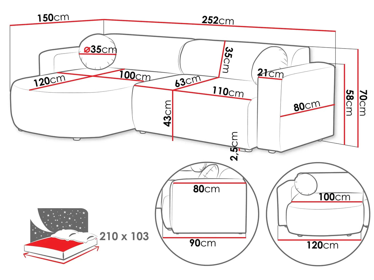 Nicelo Corner Sofa Bed With Storage dimensions