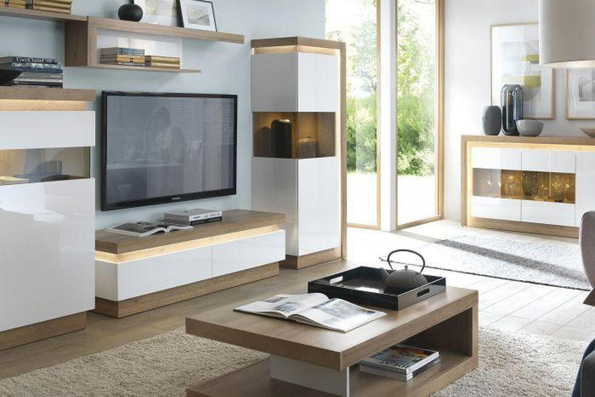 Lyon Express Delivery 2 Drawer TV Unit in Riviera Oak Effect/White High Gloss