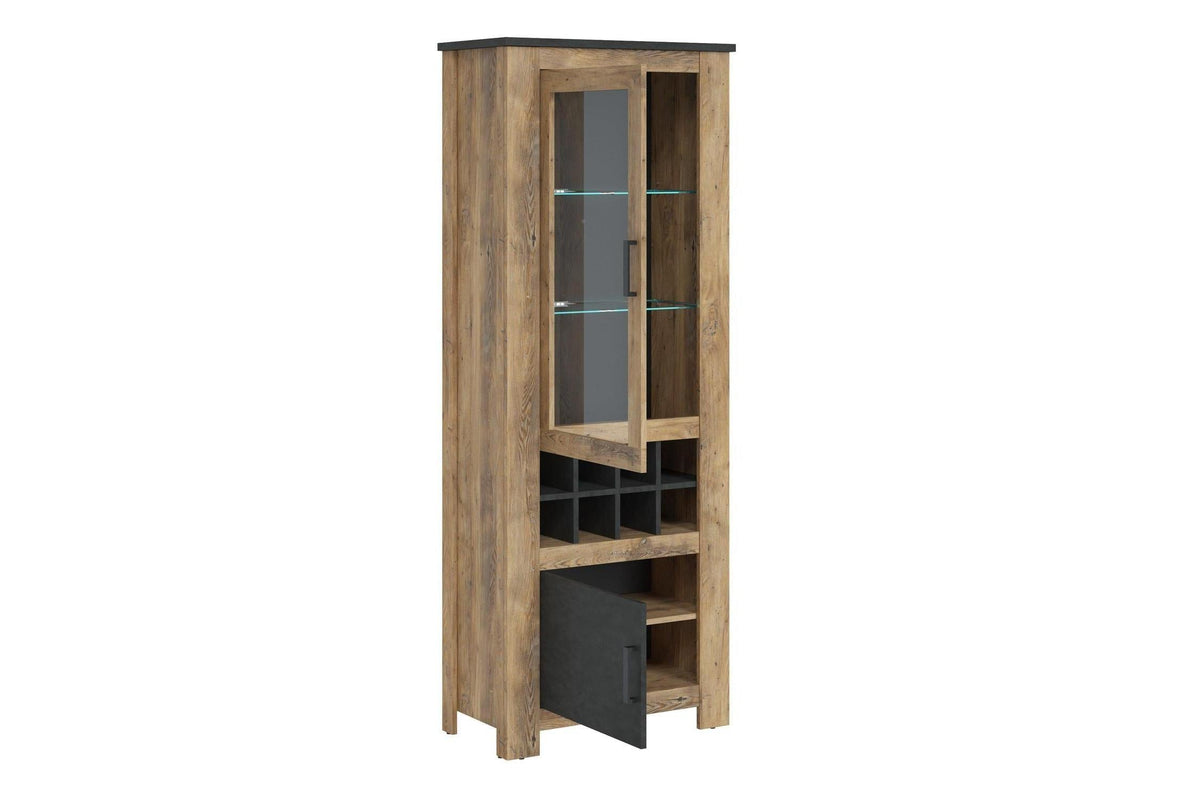 Rapallo 2 Door Display Cabinet With Wine Rack In Chestnut And Matera Grey