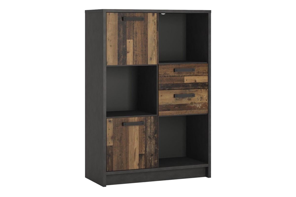 Brooklyn Low Bookcase With 2 Doors And 2 Drawers In Walnut And Dark Matera Grey