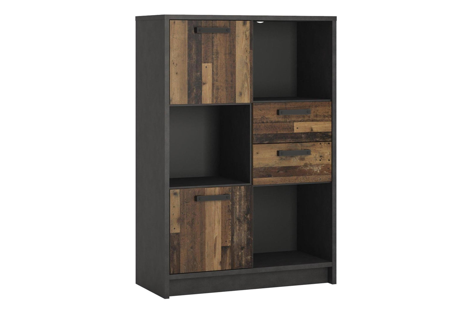 Brooklyn Low Bookcase With 2 Doors And 2 Drawers In Walnut And Dark Matera Grey