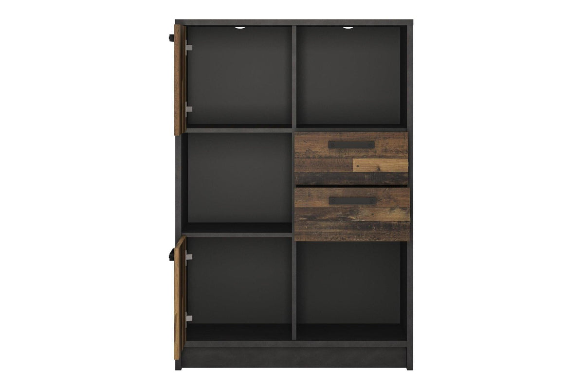 Brooklyn Low Bookcase With 2 Doors And 2 Drawers In Walnut And Dark Matera Grey