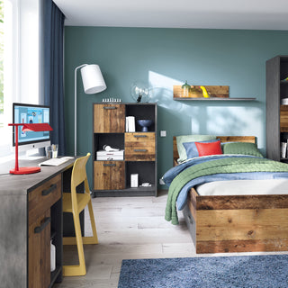 brooklyn low bookcase with 2 doors and 2 drawers in walnut and dark matera grey