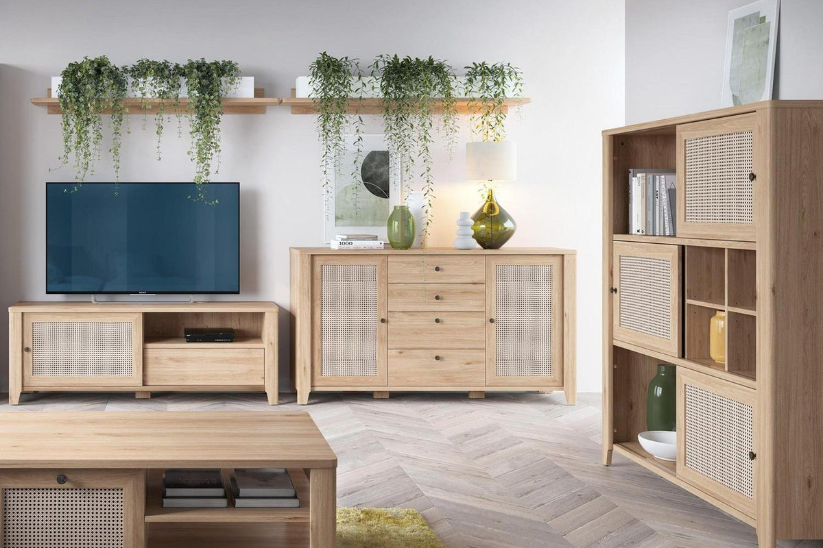 Cestino 2 Door 4 Drawer Sideboard In Jackson Hickory Oak And Rattan Effect