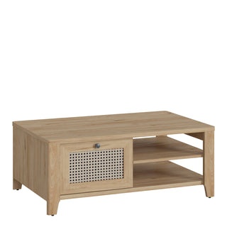 cestino coffee table with 1 drawer in jackson hickory oak and rattan effect