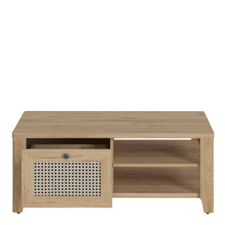 cestino coffee table with 1 drawer in jackson hickory oak and rattan effect