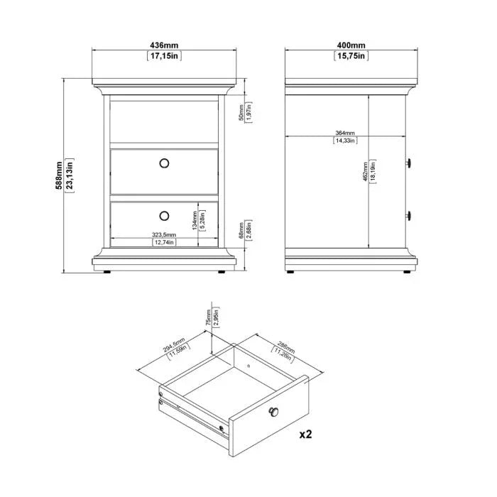 Paris Express Delivery Bedside Table 2 Drawers Matt Grey dimensions