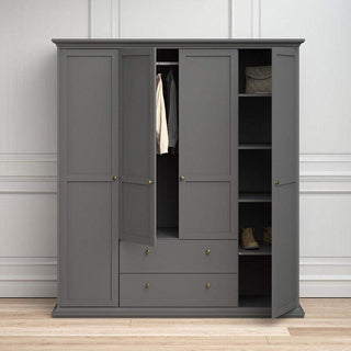 Paris Wardrobe with 4 Doors and 2 Drawers in Matt Grey 181 - Msofas LTD