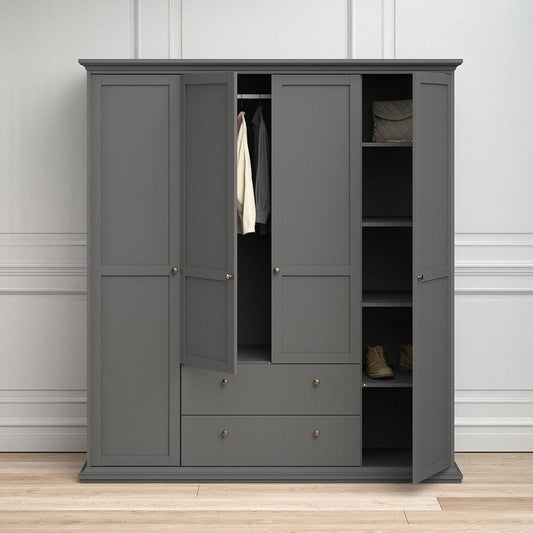 Paris Wardrobe with 4 Doors and 2 Drawers in Matt Grey 181