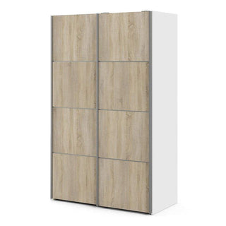 Verona Sliding Wardrobe 120cm in White with Oak Doors with 2 Shelves - Msofas LTD