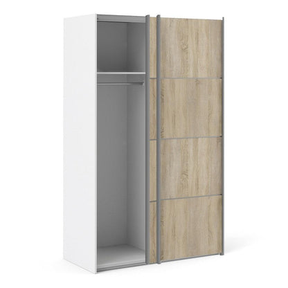 Verona Sliding Wardrobe 120cm in White with Oak Doors with 2 Shelves