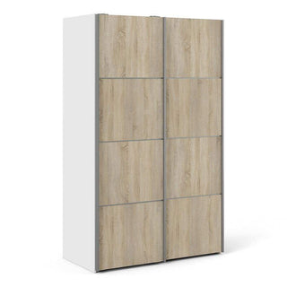 Verona Sliding Wardrobe 120cm in White with Oak Doors with 5 Shelves - Msofas LTD