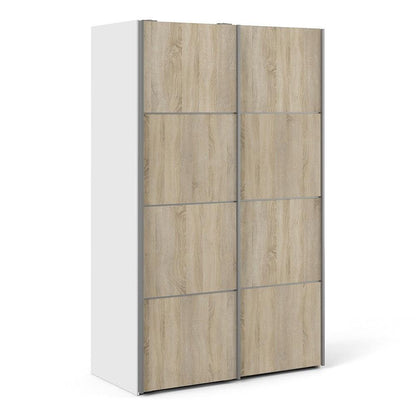 Verona Sliding Wardrobe 120cm in White with Oak Doors with 5 Shelves