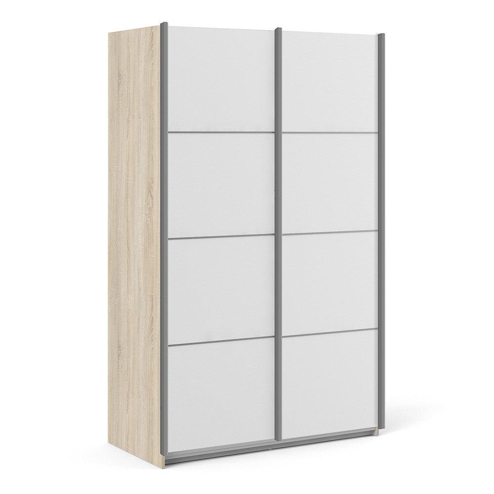 Verona Sliding Wardrobe 120cm in Oak with White Doors with 2 Shelves