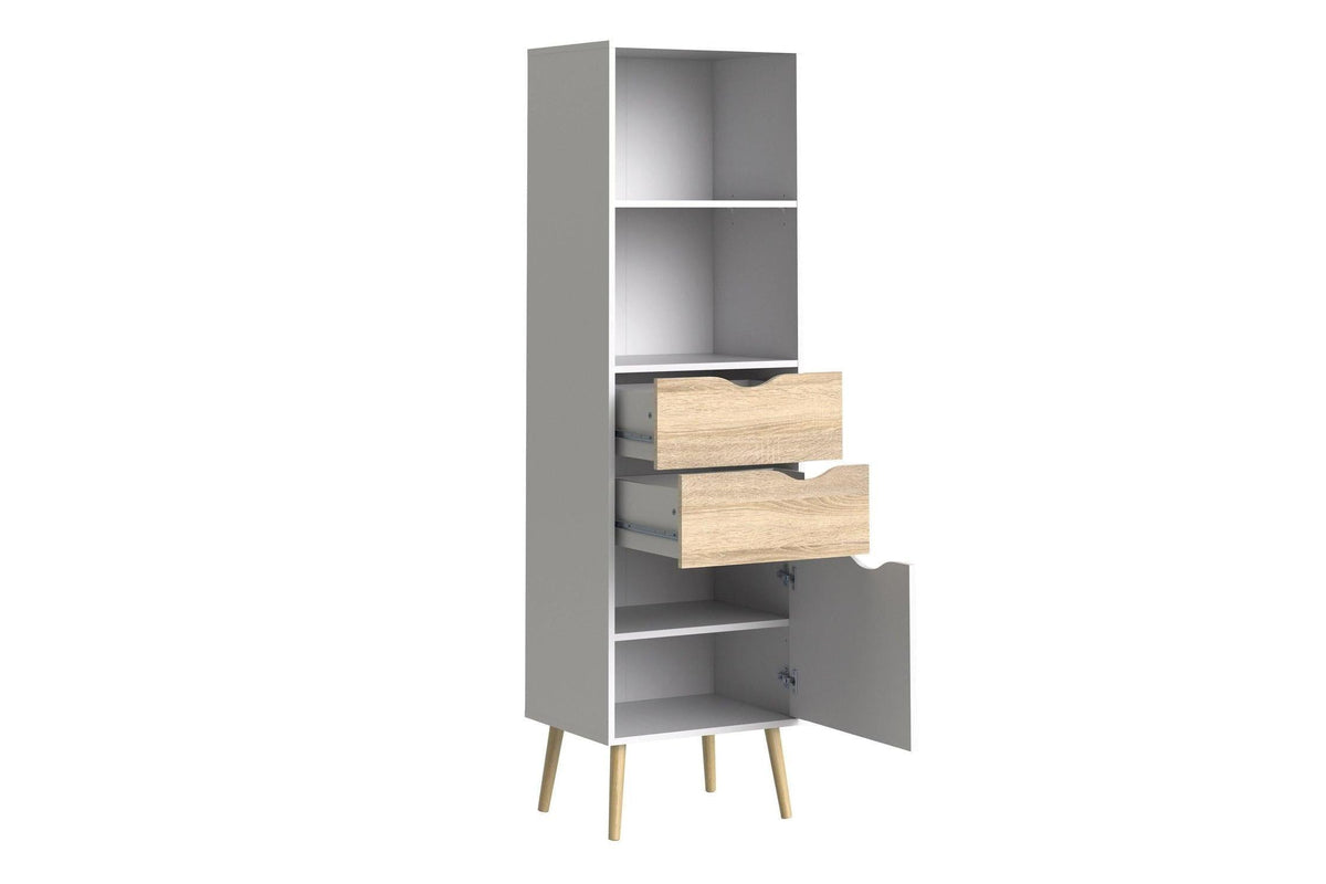 Oslo Bookcase with 2 Drawers and 1 Door White and Oak