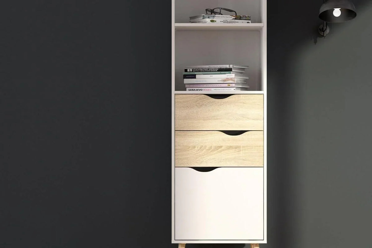 Oslo Bookcase with 2 Drawers and 1 Door White and Oak