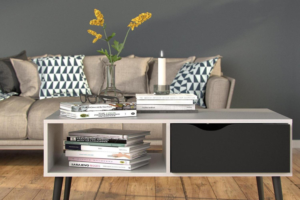 Oslo Coffee Table 1 Drawer 1 Shelf In White And Black Matt