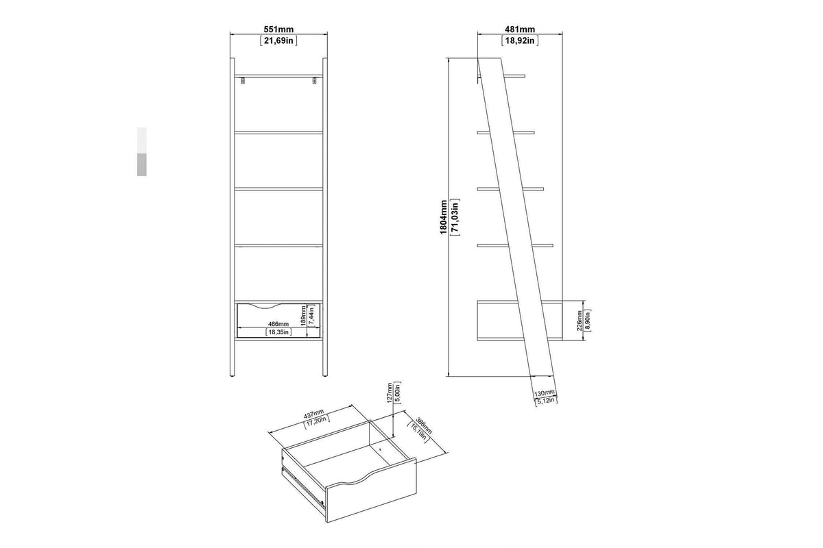 Oslo Leaning Bookcase 1 Drawer In White And Oak