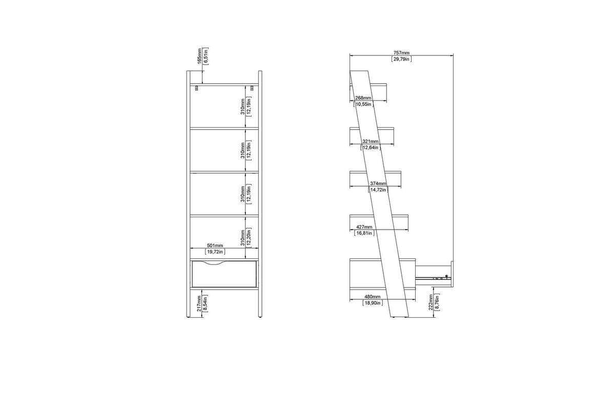 Oslo Leaning Bookcase 1 Drawer In White And Oak