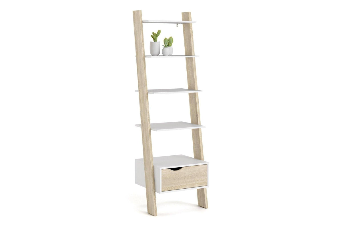 Oslo Leaning Bookcase 1 Drawer In White And Oak