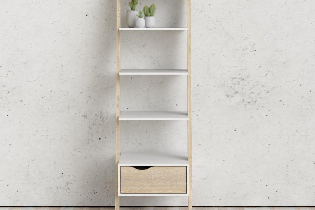 Oslo Leaning Bookcase 1 Drawer In White And Oak