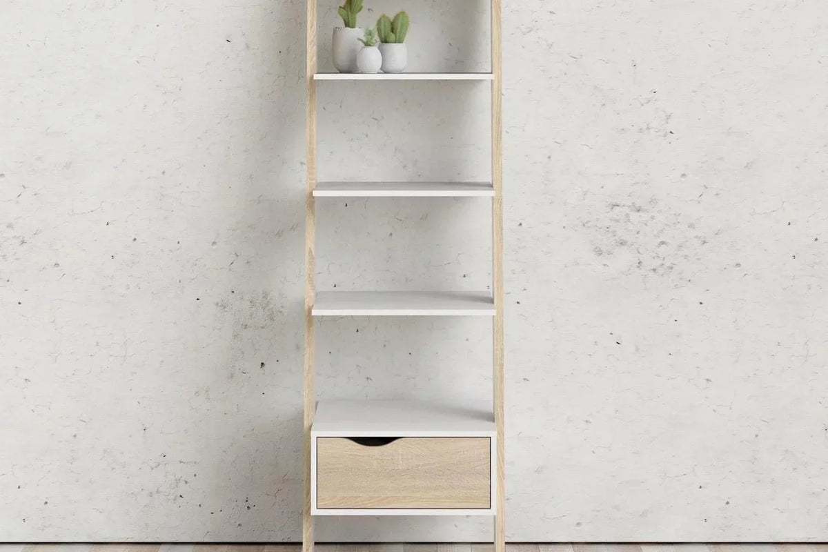 Oslo Leaning Bookcase 1 Drawer In White And Oak